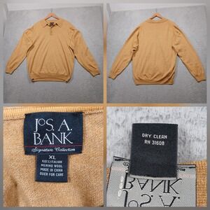 Jos A Bank‎ Merino Wool Polo Sweater Men's XL Tan Brown Long Sleeve